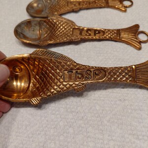 May include: Four gold-colored measuring spoons shaped like fish. The spoons have a textured scale pattern and the text "TSP" or "TBSP" is embossed on the body. Each spoon has a loop at the end of the handle.