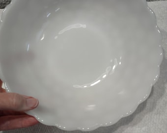 Vintage - Anchor Hocking - Fire King - White Milk Glass Serving Bowl - Bubble Pattern - Scalloped Edge - Approximately 8" Diameter - EUC