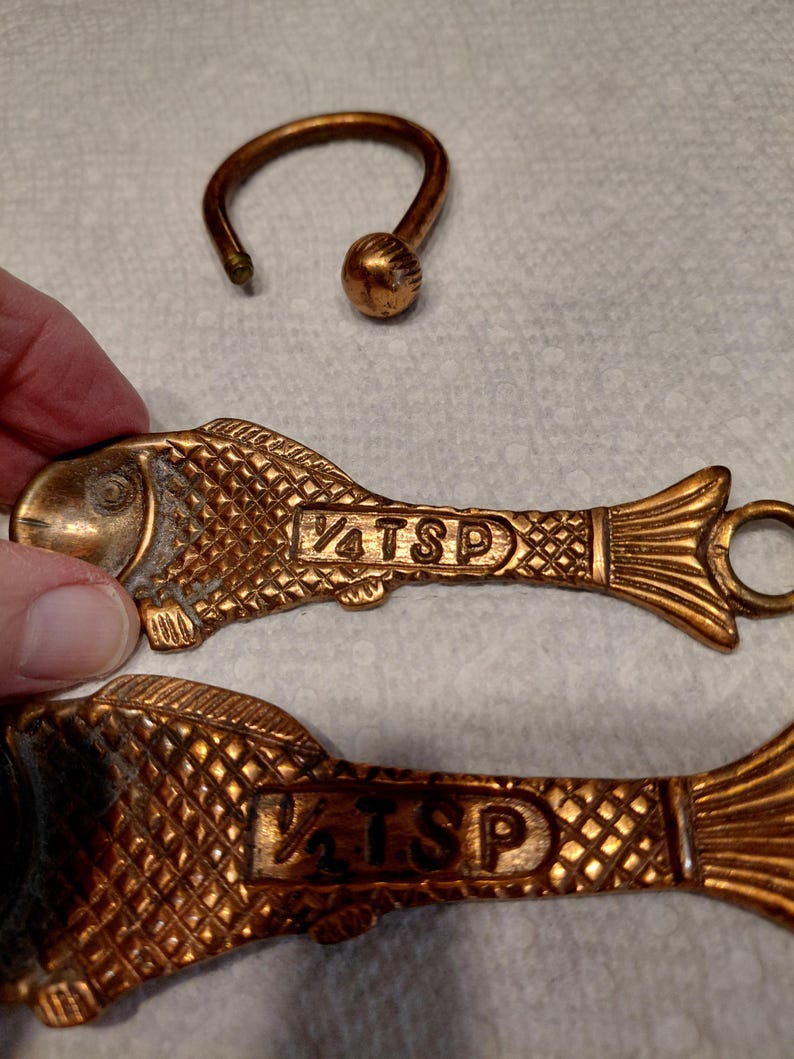May include: Two bronze-colored fish-shaped measuring spoons, one marked "1/4 TSP" and the other "1/2 TSP". A bronze ring with a ball-shaped end is also visible. The spoons have a textured, scale-like pattern.