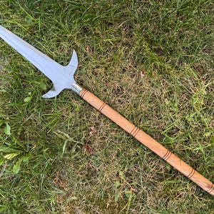 Pu&ograve; includere: Un'asta con una lama in acciaio lucido e un'asta in legno. La lama ha una punta centrale e due sporgenze laterali curve. L'asta &egrave; marrone chiaro con fasce e rivetti metallici decorativi. L'asta &egrave; appoggiata sull'erba verde.