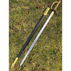May include: A sword with a silver blade and a brass hilt, lying on a grassy surface. The sword has a black scabbard with brass accents. The hilt has a curved guard.