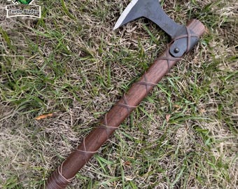 Traditional Viking Hand Axe, Hand-Forged Style Bearded Blade with Leather Cross-Strap Grip, 24” Overall