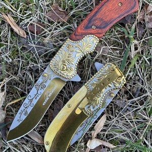 Gorgeous Folding Knife, White Pearl Handle With Rainbow Finish Design Blade Spring Assisted Pocket Knife, EDC best for Gift (Limited) Wooden Handle