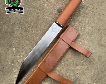 Hand Forged Seax Dagger 18” | Viking Saxon Knife | Carbon Steel Blade Leather Handle & Sheath | Historical Reenactment Hunting Knife Gift