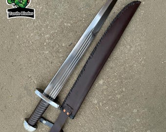 10th Century Viking Seax Style Dagger | 25" Hand Forged Full Tang Carbon Steel Sword with Leather Sheath Gift for Him