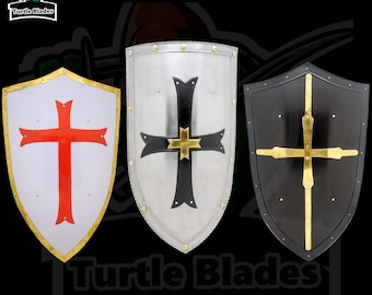 Hand-Forged Steel Heater Shield, Medieval Knight Crusader Cross, 28" Gothic Replica