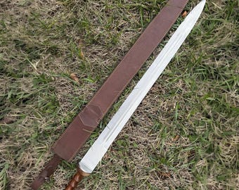 Handmade 36” Medieval Broadsword Polished Stainless Steel & Ergonomic Wood Grip Comes with leather Sheath