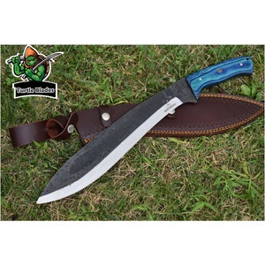 Handmade Kukri Machete: 1075 Carbon Steel Blade, Full Tang, Blue Wood Handle