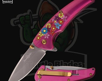 Spring Assisted Folding Knife, Flower Printed Handle, Stainless Steel Blade, Pocket Clip