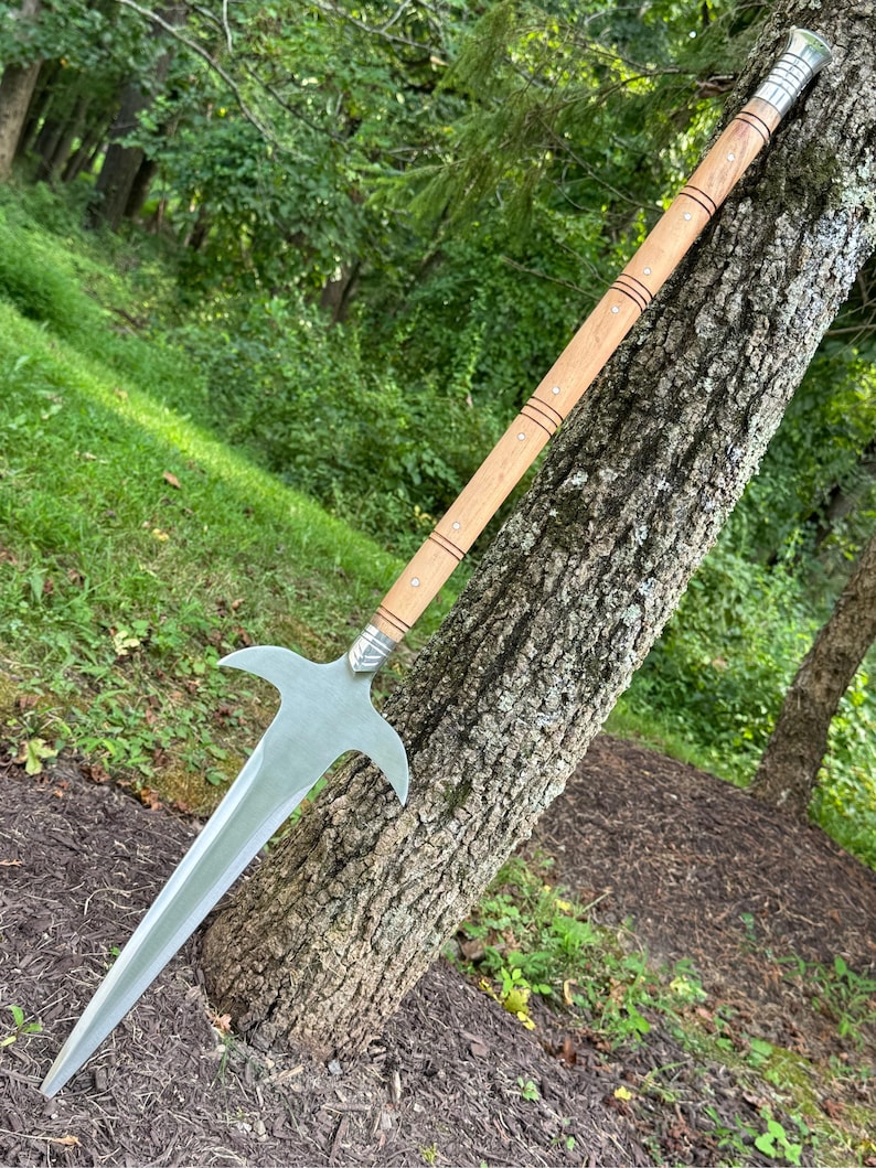Pu&ograve; includere: Una lunga lancia in stile medievale, con un'asta di legno e una lama color argento. La lancia ha una punta e una guardia a forma di croce. L'asta &egrave; marrone chiaro con bande scure e dettagli argentati. La lancia &egrave; appoggiata a un albero.