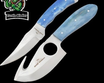 Handmade Hunting Knife Set: Gut Hook, Skinner Knife with Leather Sheath