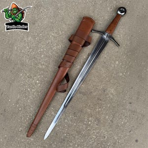May include: A steel sword with a double-edged blade, a crossguard, and a brown leather-wrapped handle, accompanied by a matching brown leather scabbard featuring a series of leather straps wrapped around the exterior for secure carrying.
