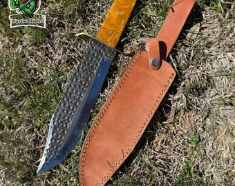 Handmade Bowie Knife, Frontier Style Pearl Handle Hunting Knife with Leather Sheath