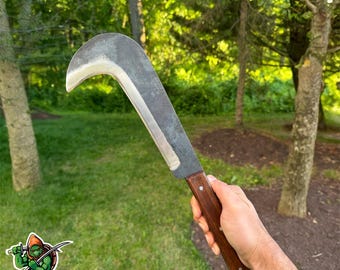 Handmade Billhook Sickle Machete, High Carbon Steel, Pakkawood Handle, Leather Sheath