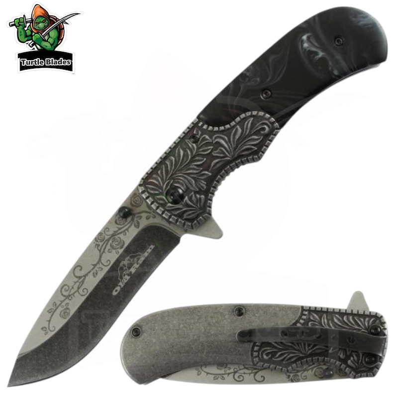 Gorgeous Folding Knife, White Pearl Handle With Rainbow Finish Design Blade Spring Assisted Pocket Knife, EDC best for Gift (Limited) Black Pearl Handle