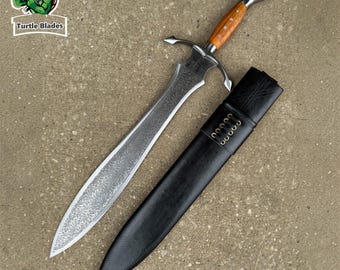 Handcrafted Fantasy Shortsword | 21" Acid Etched Full Tang Leaf Blade | Ornate Scrollwork, Wooden Handle, & Leather Scabbard