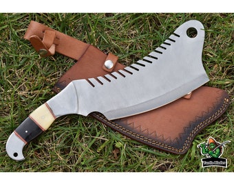 Hand Forged Stainless Steel Chef Cleaver Knife with Leather Sheath