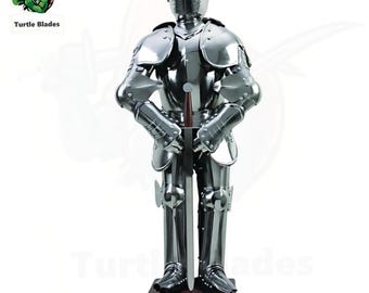 Handmade Articulated Knight Armor Statue, 27 Inch Steel Suit, Wood Base