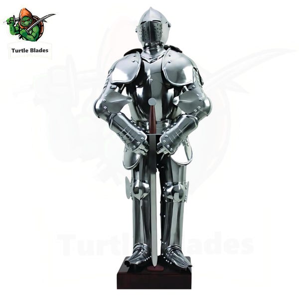 Handmade Articulated Knight Armor Statue, 27 Inch Steel Suit, Wood Base