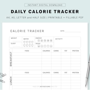 Täglicher Kalorientracker, Printable Calories Journal, A4/A5/Letter/Half Size, Instant Download PDF