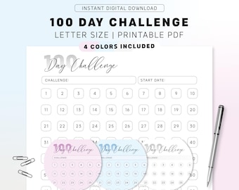 100 Day Challenge Printable, Savings Tracker, Habit Tracker Bundle, 100 Days Goal Tracker PDF, Letter Size, Pink Blue Gray Minimalist