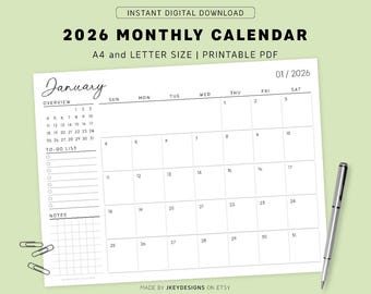 Kalendarz miesięczny na rok 2026 | Planer miesięczny do druku | Format A4/Letter | Natychmiastowe pobranie pliku PDF