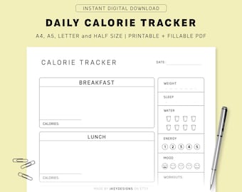 Codzienny rejestr kalorii, dziennik żywności do druku, A4/A5/Letter/Half Size, natychmiastowe pobieranie pliku PDF