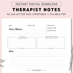 Puede incluir: Plantilla de notas de terapeuta imprimible en blanco y negro. La plantilla incluye secciones para la fecha, la hora de inicio, el número de sesión, la hora de sesión, el nombre del cliente, los temas u objetivos, los puntos de conversación de la sesión, los puntos clave de la sesión anterior y las notas.