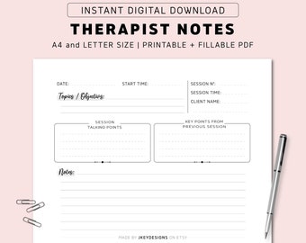Szablon notatek z sesji, Arkusz roboczy terapeuty | Format A4 i Letter, Natychmiastowe pobieranie pliku PDF | Wydrukowalny i wypełniany plik PDF