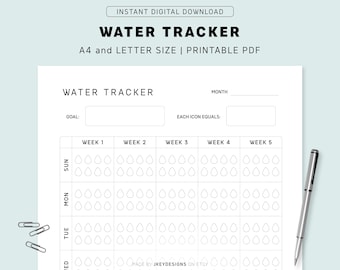 Monthly Water Tracker, Printable Hydration Journal, A4 / Letter Size, Instant Download PDF