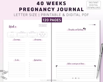 40 Week Pregnancy Journal, Printable 120 pages logbook, Letter Size, Instant Download PDF for printing & digital use