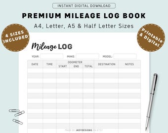 Printable Mileage Log Book, Vehicle Expense Tracker (A4, Letter, A5)