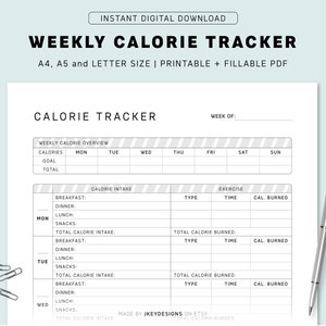 Weekly Calorie Tracker, Printable Calories Journal, A4 / A5 / Letter Size, Instant Download PDF