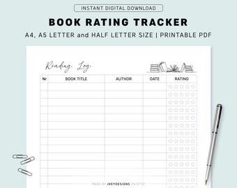 Printable Reading Log Tracker | Minimalist Book Rating Sheet (PDF Download)