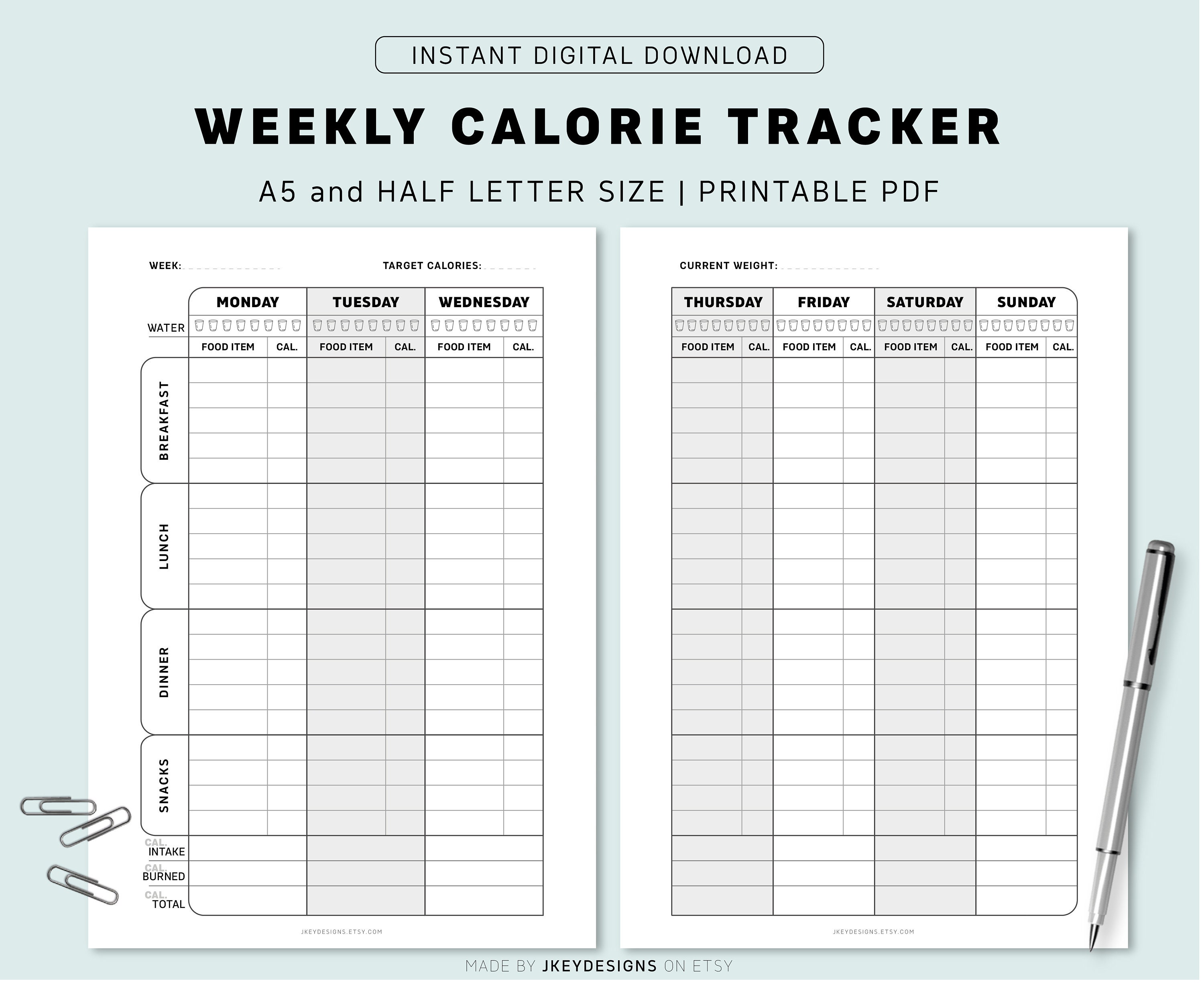 Weekly Calorie Tracker, Printable Calories Journal, A5/half Letter Size ...