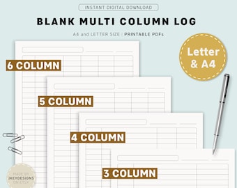Multi Column Log Book Printable, 3-6 Column Ledger Sheet, Small Business Tracker (PDF)