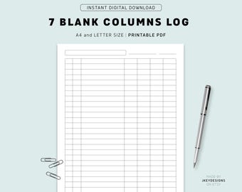 7 Column Customizable Log, Printable Log Sheet, A4 and Letter Size, Instant Download PDF