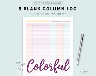 5 Column Customizable Log, Printable Log Sheet, A4 and Letter Size, Instant Download PDF