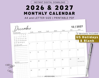 2026 2027 Printable Calendar, Minimalist Monthly Calendar PDF, Landscape Planner with US Federal Holidays & Blank, Sunday Monday Start