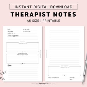 May include: Printable therapist notes template in A5 size. The template includes sections for date, session number, client name, topics or objectives, session talking points, key points from previous session, notes, next session date, next session talking points, end time, and page number.