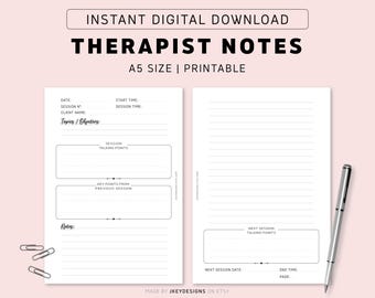 Szablon notatek z sesji, Arkusz roboczy terapeuty | Rozmiar A5, Natychmiastowe pobranie pliku PDF | Wydrukowany plik PDF