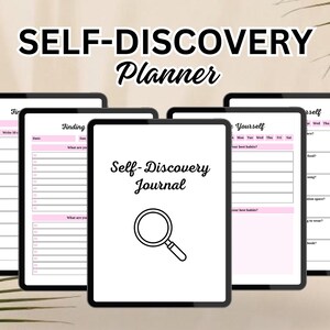 Puede incluir: Cinco páginas imprimibles para un planificador y un diario de autodescubrimiento. Las páginas están diseñadas con un esquema de color rosa y blanco e incluyen indicaciones para la autorreflexión. La página del diario presenta un icono de lupa.