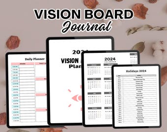 May include: Four printable pages for a vision board journal. The pages include a daily planner, a vision board planner, a 2024 calendar, and a list of holidays for 2024.