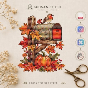 May include: A cross stitch pattern featuring a mailbox with a bird perched on top, surrounded by autumn maple leaves and a pumpkin at the base. The design includes the text SUOMEN STITCH FINNISH DESIGN STUDIO and CROSS STITCH PATTERN.