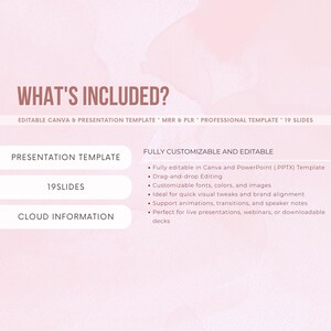 Peut inclure: Graphique de mod&egrave;le de pr&eacute;sentation rose et blanc avec le texte &laquo;&nbsp;CE QUI EST INCLUS&nbsp;?&nbsp;&raquo; et des puces d&eacute;taillant des fonctionnalit&eacute;s telles que le glisser-d&eacute;poser, des polices personnalisables et la prise en charge des animations. Le mod&egrave;le comprend 19 diapositives.