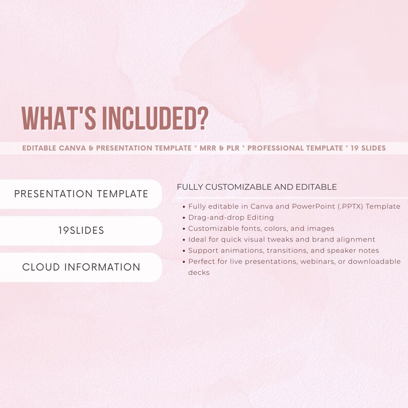 Peut inclure: Graphique de mod&egrave;le de pr&eacute;sentation rose et blanc avec le texte &laquo;&nbsp;CE QUI EST INCLUS&nbsp;?&nbsp;&raquo; et des puces d&eacute;taillant des fonctionnalit&eacute;s telles que le glisser-d&eacute;poser, des polices personnalisables et la prise en charge des animations. Le mod&egrave;le comprend 19 diapositives.