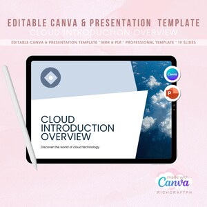 Peut inclure: Une tablette num&eacute;rique affiche un mod&egrave;le de pr&eacute;sentation intitul&eacute; "Cloud Introduction Overview". L'&eacute;cran montre un fond de ciel bleu avec des nuages blancs, un design blanc et bleu, et le logo Canva. Un stylet blanc repose sur le c&ocirc;t&eacute;.