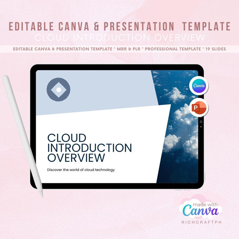 Peut inclure: Une tablette num&eacute;rique affiche un mod&egrave;le de pr&eacute;sentation intitul&eacute; "Cloud Introduction Overview". L'&eacute;cran montre un fond de ciel bleu avec des nuages blancs, un design blanc et bleu, et le logo Canva. Un stylet blanc repose sur le c&ocirc;t&eacute;.