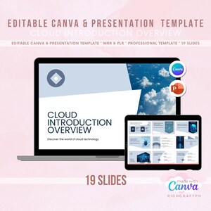 Peut inclure: Un ordinateur portable et une tablette affichant un mod&egrave;le de pr&eacute;sentation intitul&eacute; "Cloud Introduction Overview". Le mod&egrave;le comprend 19 diapositives et est con&ccedil;u pour &ecirc;tre utilis&eacute; avec Canva. Le fond est rose p&acirc;le.