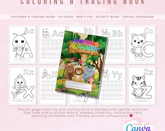 Libro da colorare e ricalcare con gli animali dell'alfabeto: modelli Canva (download digitale)